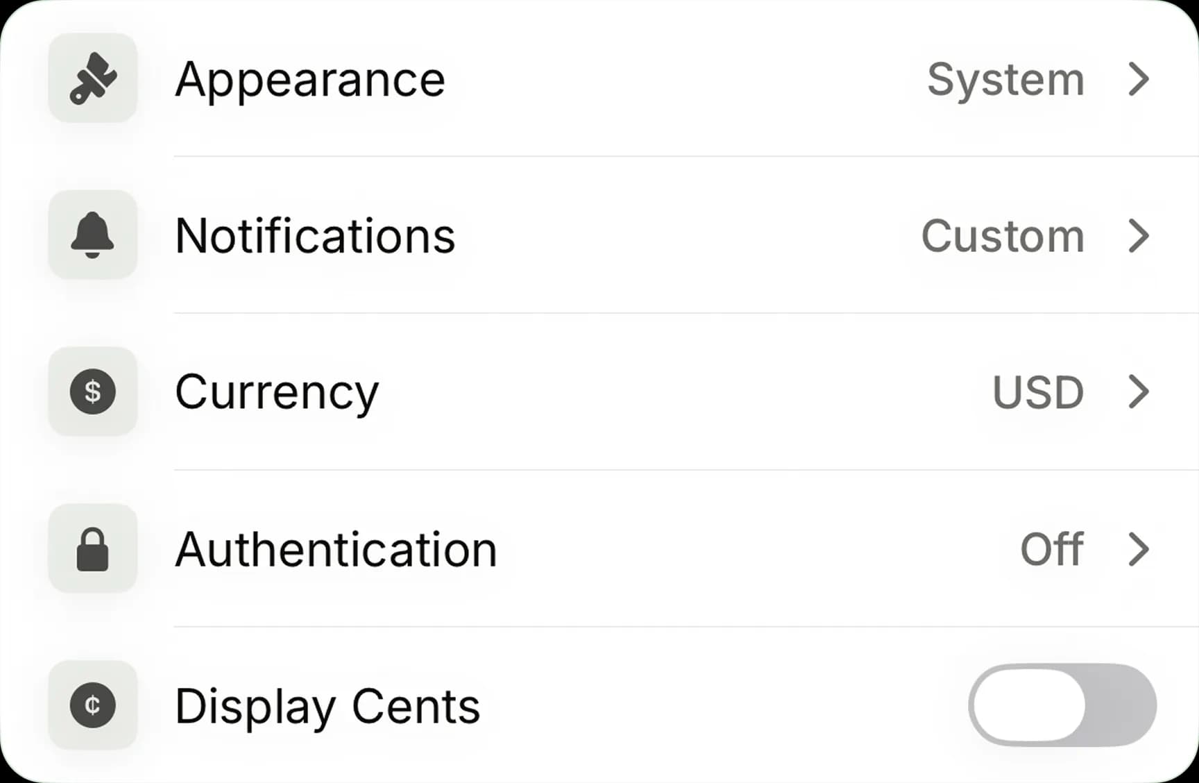 App settings panel