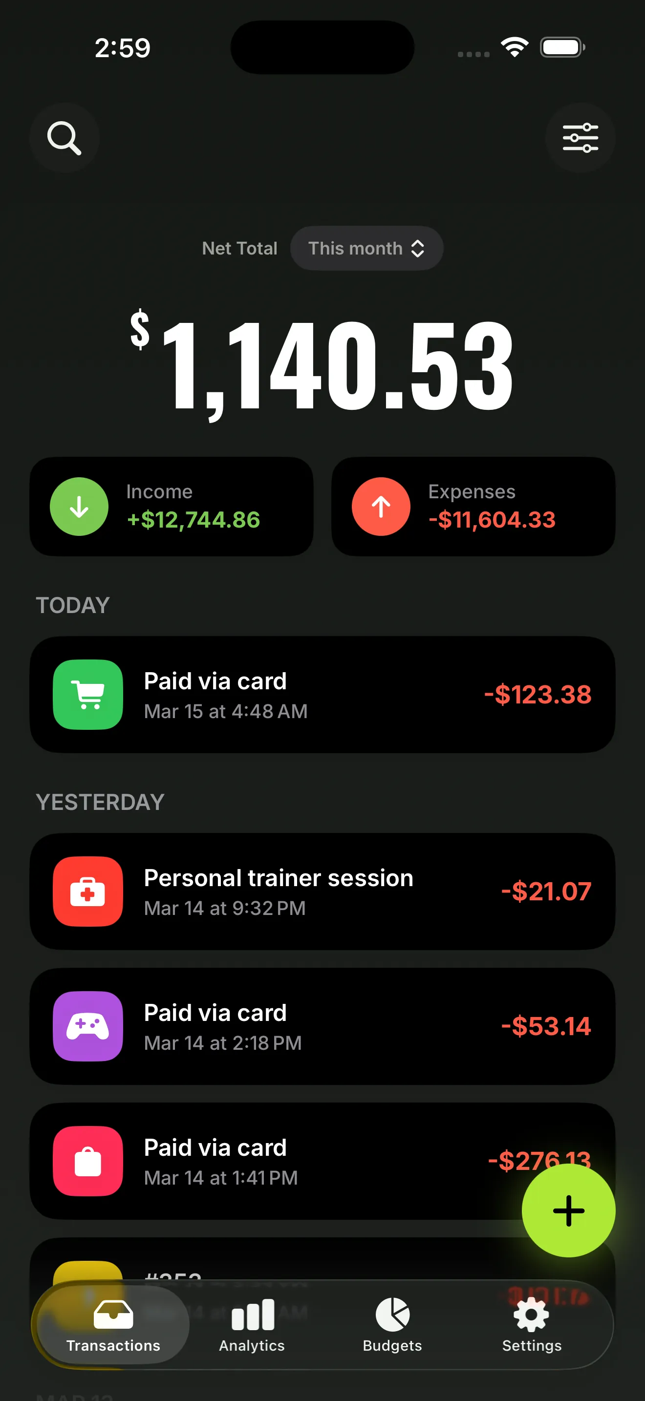 kept app dashboard showing transactions, net total, and income vs expenses