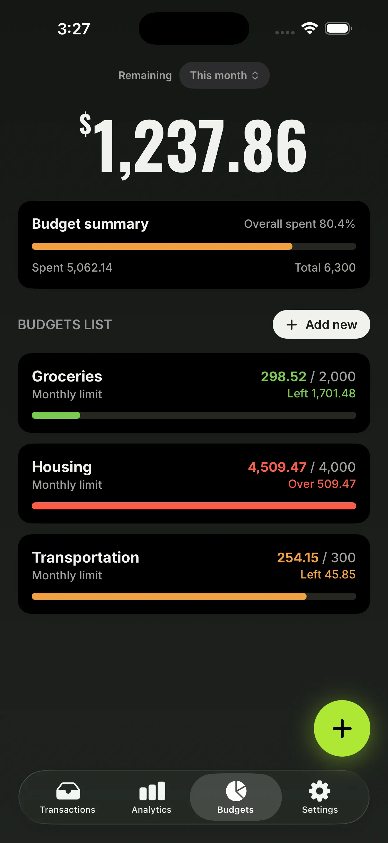 Budget tracking with progress bars