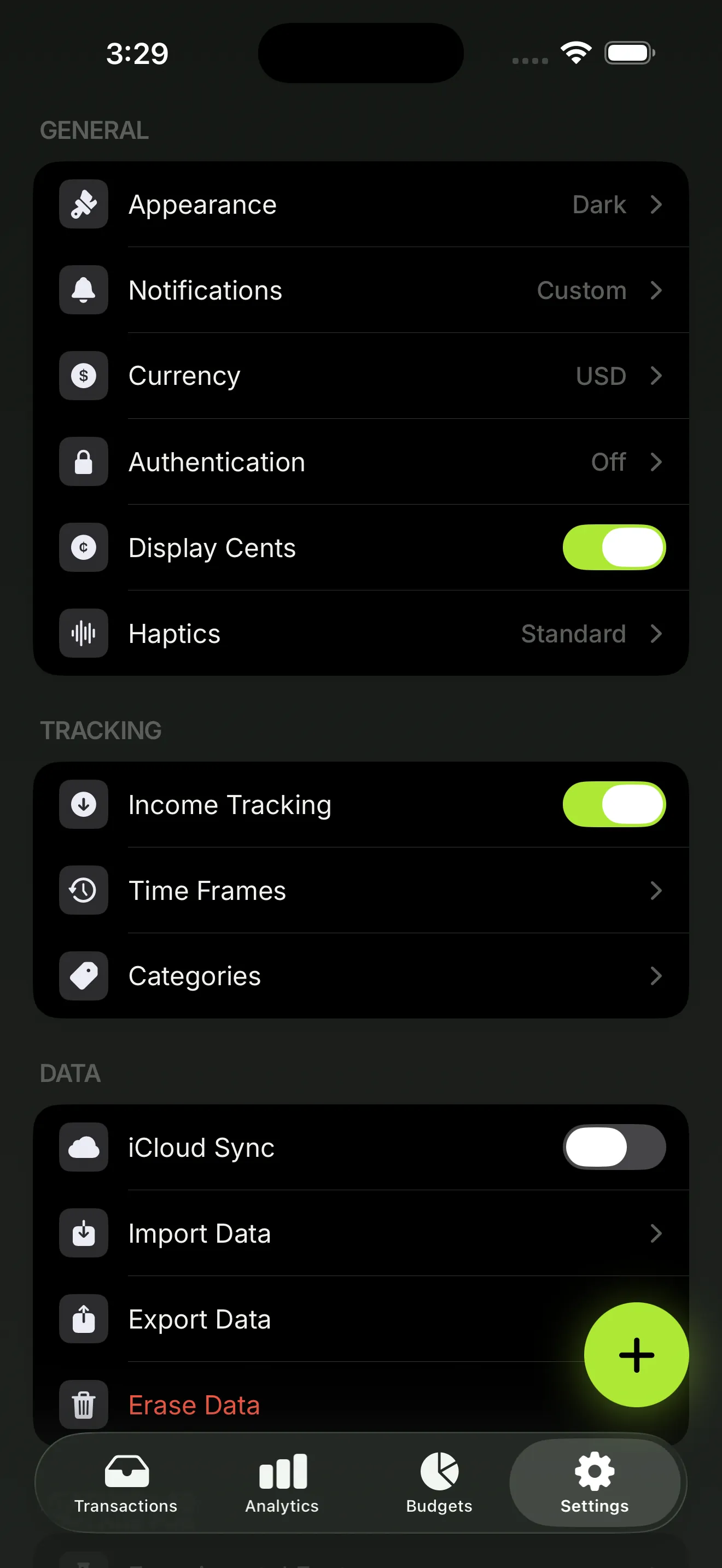 Settings screen with customization options