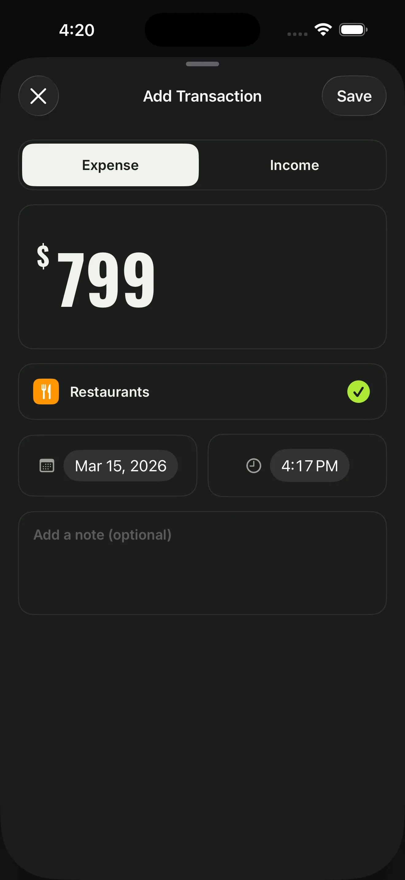 Easy add transaction option