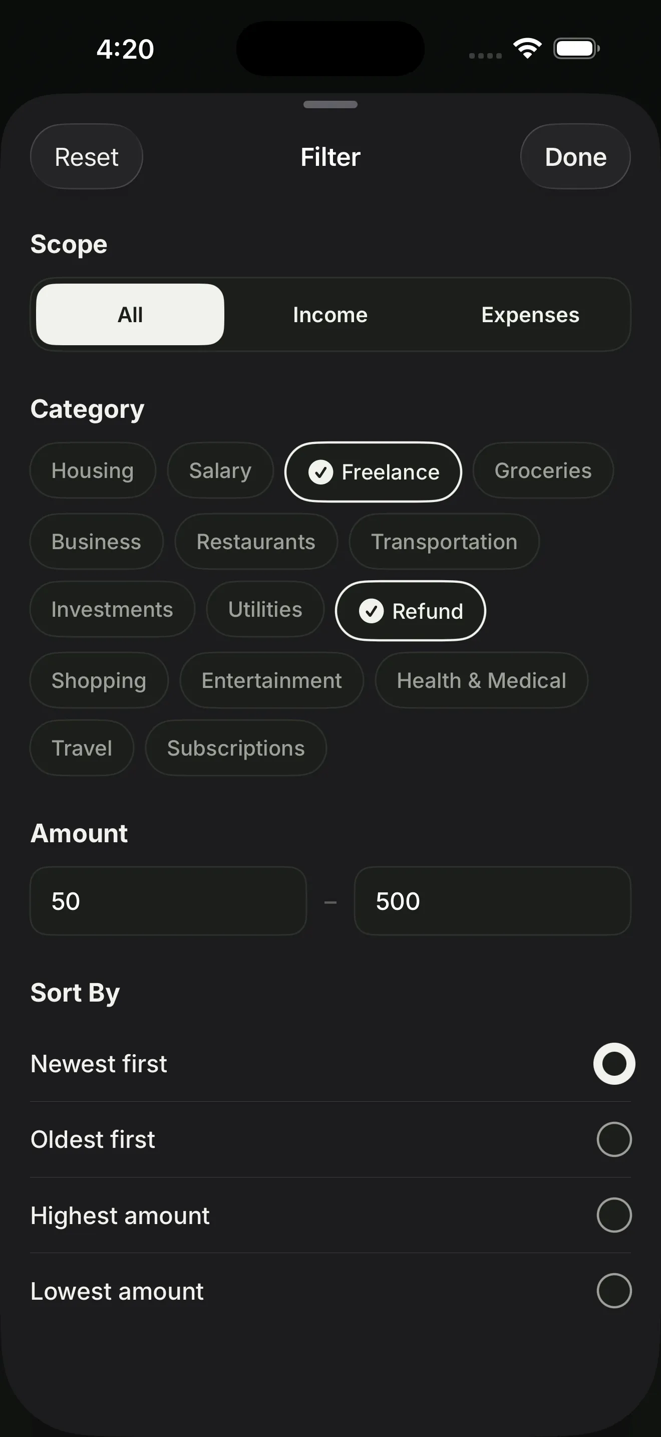 filter transaction option