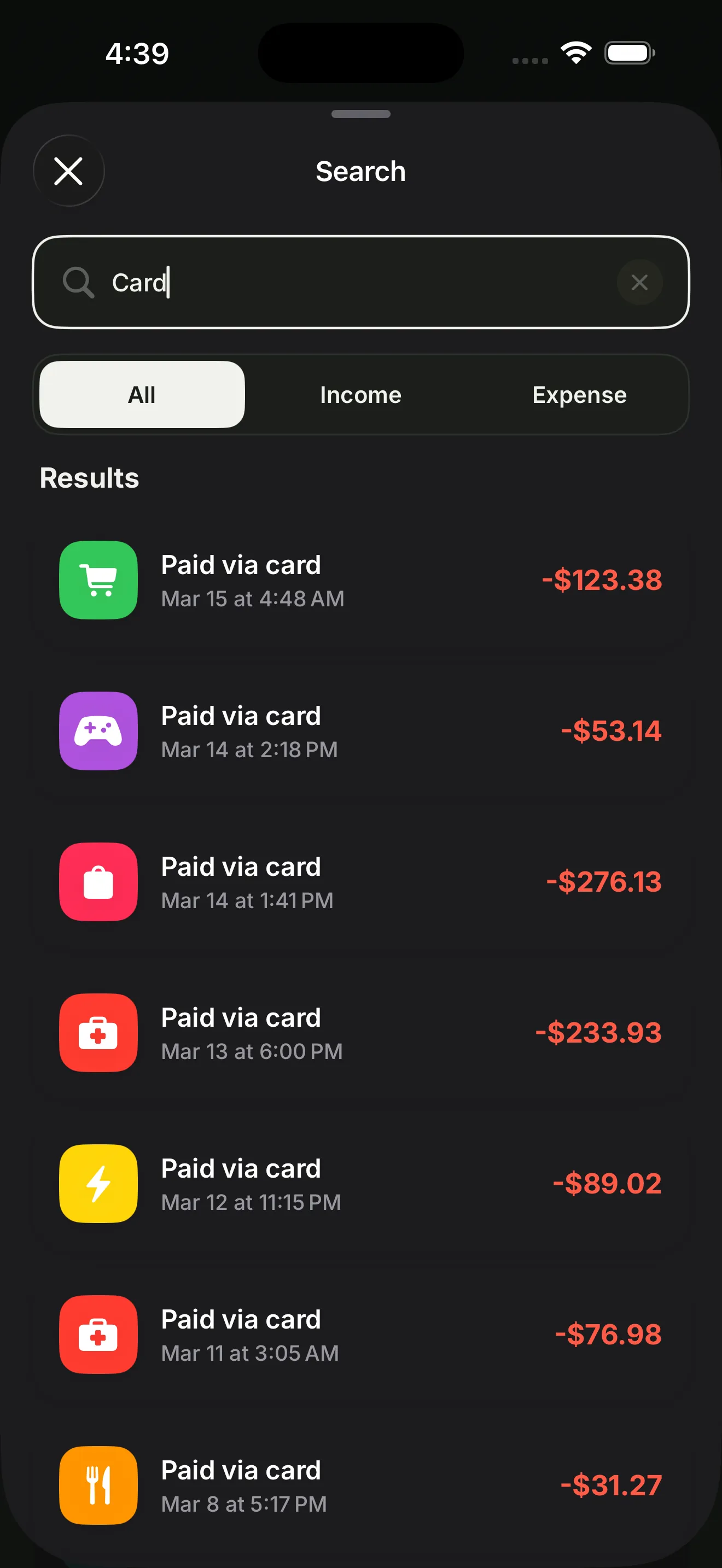search transaction option